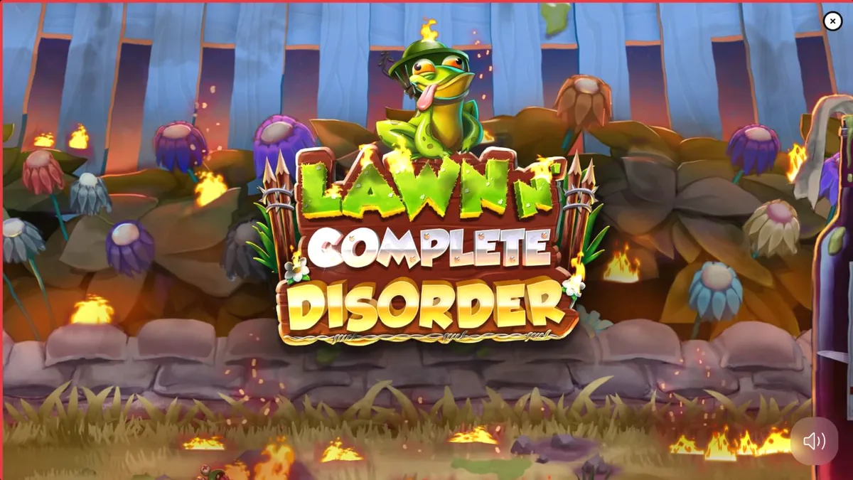 Tampilan visual slot Lawn N’ Complete Disorder dengan latar belakang taman yang terbakar dan simbol-simbol permainan yang unik.