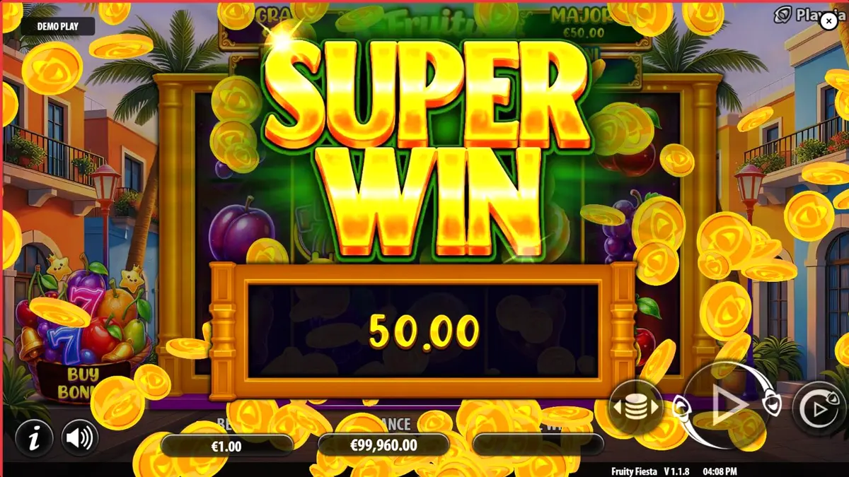 Tampilan visual mesin slot Fruity Fiesta dengan tema neon buah-buahan